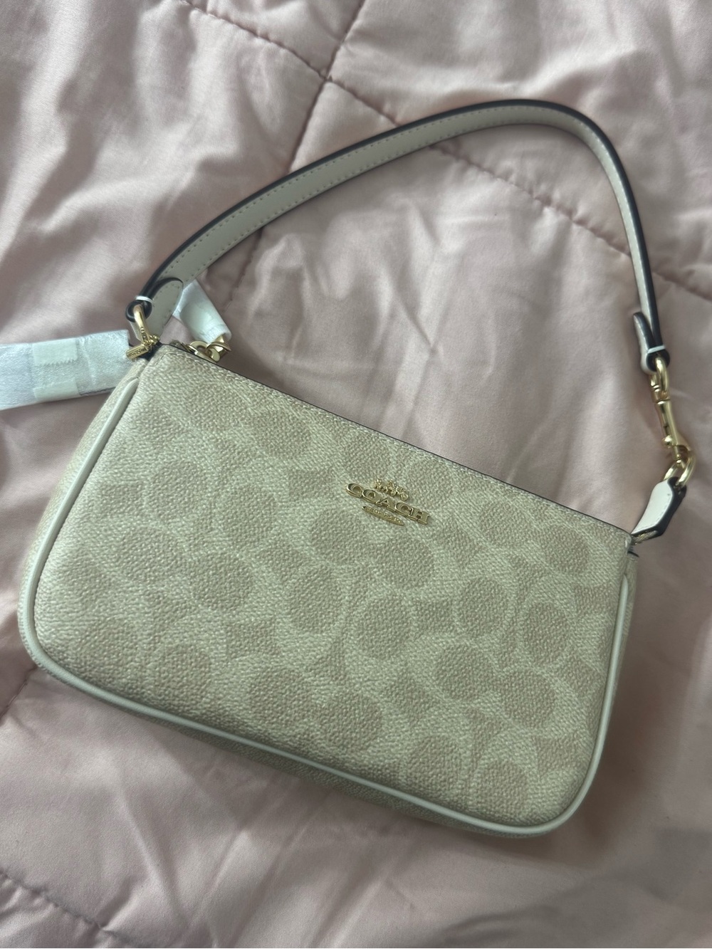 Coach Beige Signature Shoulder Bag with Gold Hardware